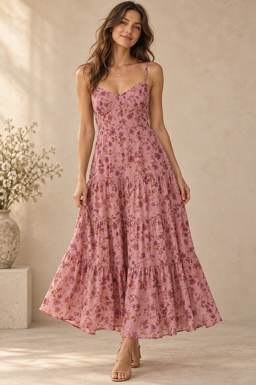 Trixxi Pink Floral Tiered Maxi Dress Smocked Back Adjustable Straps Medium Boho